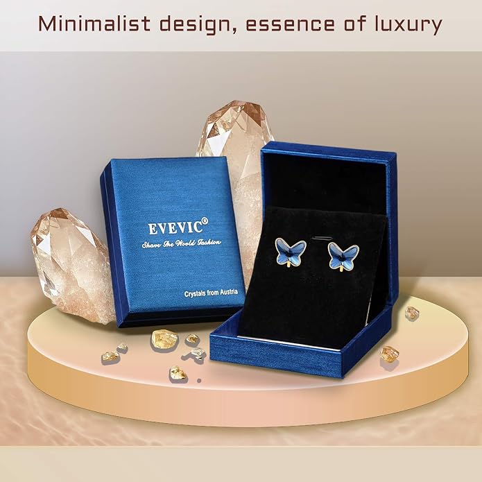 EVEVIC Austrian Crystal Butterfly Clip On Earrings for Women Adjustable Screw Back Non Pierced Earring 14K Gold Plated Hypoallergenic Jewelry