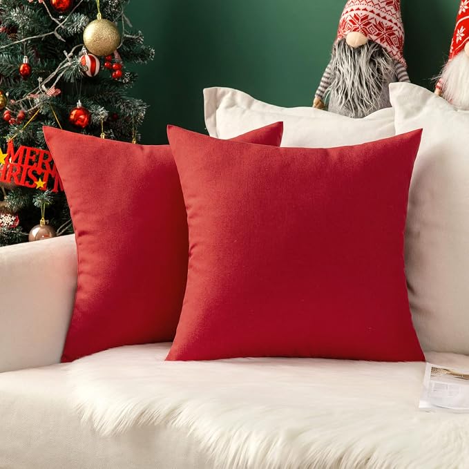 MIULEE Pack of 2 Decorative Outdoor Solid Waterproof Throw Pillow Covers Faux Linen Garden Farmhouse Cushion Cases for Summer Patio Tent Balcony Couch Sofa 18x18 Inch Red