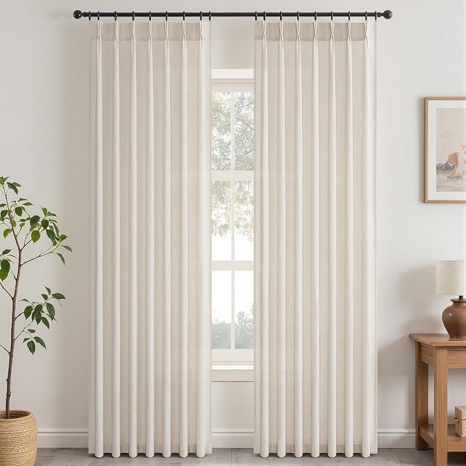 Topfinel 96 Inches Long Pinch Pleated Semi Sheer Curtains,Ivory Beige Linen Blended Light Filtering Window Curtains 96 Length 2 Panels for Living Room Bedroom Pinch Pleat Drapes with Hooks,40" Wx96 L