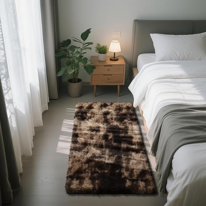 Soft Runner Rugs for Bedroom, Mottling Brown 3x7 Area Rugs Fluffy Rug Shag Area Rug Carpet, Bedside Rug for Living Room Bedroom Room Home Decor