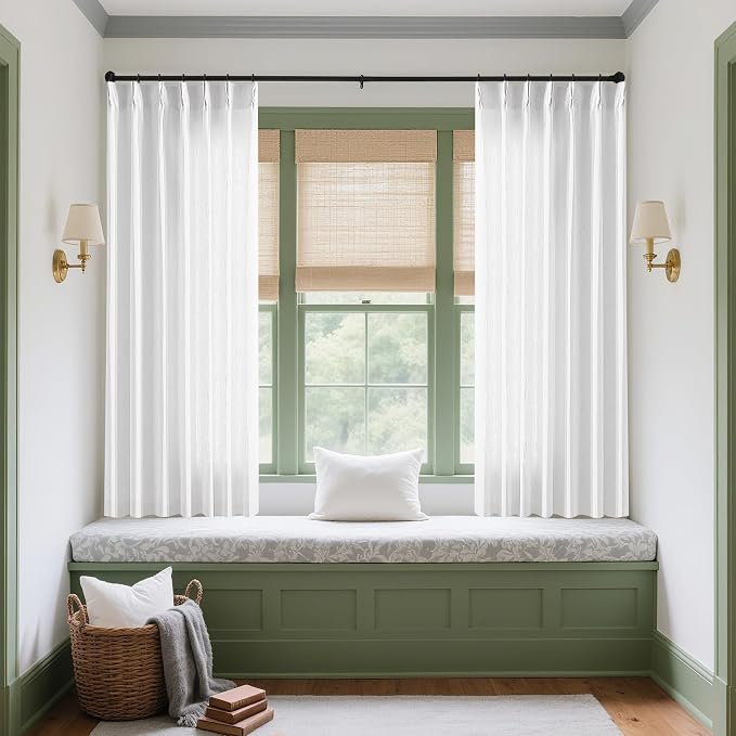 Snow White 72 Inch Pinch Pleated Linen Semi Sheer Curtains 2 Panels W40xL72 | Memory Training Shaped, for Living Room Bedroom Cabin Closet, 400GSM Linen Textured, Pinch Pleat with Hooks Rings Back Tab