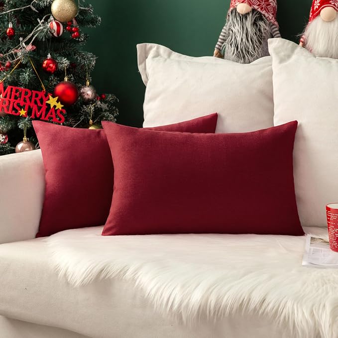 MIULEE Pack of 2 Decorative Outdoor Solid Waterproof Throw Pillow Covers Faux Linen Garden Farmhouse Cushion Cases for Patio Tent Balcony Couch Sofa 20x12 Inch Wine Red