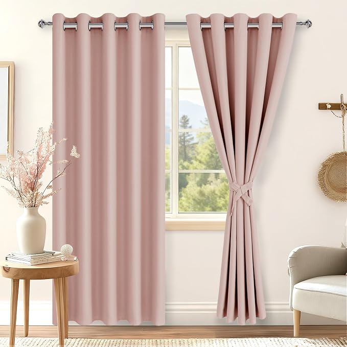 Hiasan Blackout Curtains for Bedroom, 60 x 84 Inches Long - Thermal Insulated Noise reducing Window Curtains for Living Room, 2 Drape Panels Sewn with Tiebacks, Blush