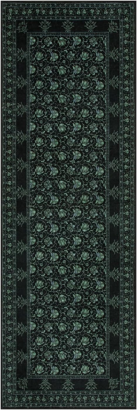 Lahome Black Kitchen Runner Rug 2x6, Low Plie Rug Runners for Hallways Non Slip, Vintage Floral Washable Runner for Entryway Laundry Room Bathroom (2'x6', Black/Green)