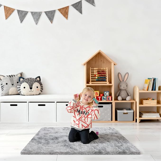 2x3 Rugs for Bedroom, Fluffy Area Rugs for Living Room, Small Fuzzy Shag Soft Carpet with 4 Non-Slip Adhesive Strips for Kids Boys and Girls Nursery Dorm Home Decor (2ft X 3ft, Tie-Dyed Grey)