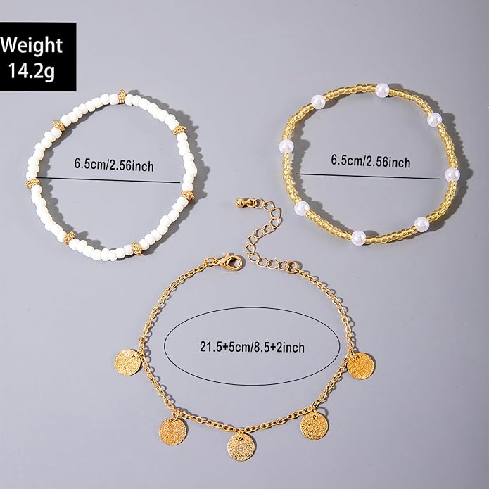Ankle Bracelets for Women Stretch Boho Pearl Bead Gold Anklets Layered Sequins Foot Chain Hawaiian Beach Conch Summer Vacation Travel Foot Jewelry