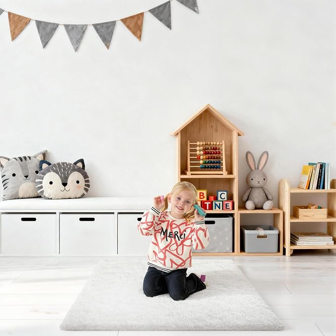 Cream White Rugs for Bedroom, 2x3 Fluffy Area Rugs for Living Room, Small Fuzzy Shag Soft Carpet with 4 Non-Slip Adhesive Strips for Kids Boys and Girls Nursery Dorm Home Decor (2ft X 3ft)