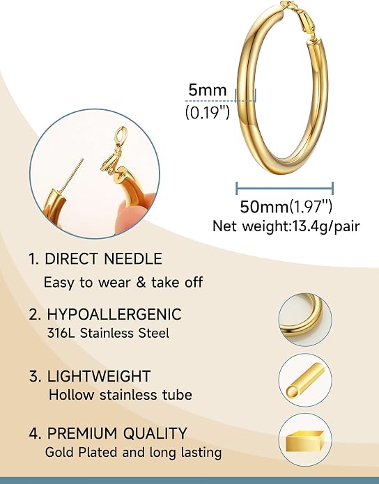 Stainless Steel Chunky Hoop Earrings For Women, Minimalist and Chic, Black/Gold Plated, Round Hoops Earrings Hypoallergenic, Size: 30mm/40mm/60mm/80mm, Come with Box