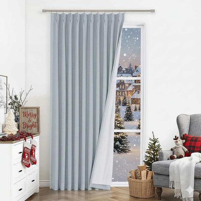 Vision Home Blue Fog Pinch Pleated Full Blackout Curtains Linen Blended Room Darkening Window Curtains 90 inch for Living Room Bedroom Thermal Insulated Pinch Pleat Drapes with Hooks 1 Panel 60"Wx90"L