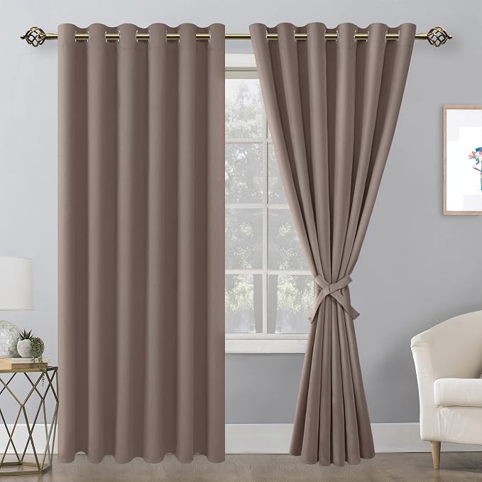Hiasan Grommet Blackout Curtains for Bedroom, 70 x 84 Inches - Thermal Insulated & Light Blocking Window Drapes for Living Room/Dorm Room, Set of 2 Panels Sewn with Tiebacks, Tan