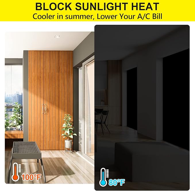 FADOTY 100% Blackout Curtains 2 Pack, 57"x 118" Black Out Window Cover | Blackout Window Film Shades Blinds, Cuttable, No Drill, Sun Heat Light Blocker for Bedroom, Nursery, Media Room, RV, Black