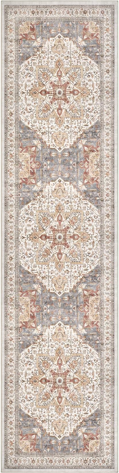 Tortania Area Rug 3x10 Runner Rugs - Washable Vintage Oriental Farmhouse Thin Indoor Carpet for Living Room Bedroom Hallway Entryway Kitchen Under Dining Table Home Office - Orange Multi