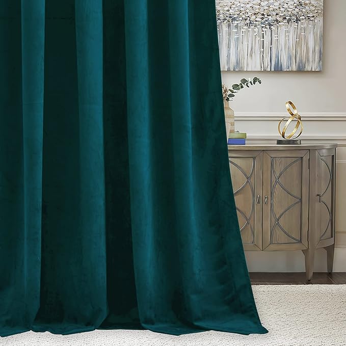 RYB HOME Teal Velvet Curtains 94 inches, Back Tab Soft Fabric Room Darkening Thermal Insulated Luxurious Home Decor Curtains for Living Room Bedroom, W 52" x L 94", 2 Panels Set
