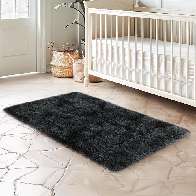 qulint 2x3 Rug for Bedroom, Fluffy Small Rug for Living Room, Black/Grey | Soft Shag Fuzzy Tie-dyed Black Gray Carpet, Shaggy Modern Alfombras for Kids Boys and Girls Dorm Classroom Decor