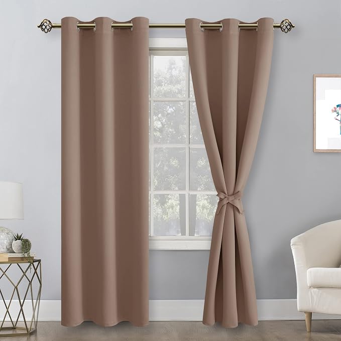 Hiasan Blackout Curtains for Bedroom, 42 x 84 Inches Long - Thermal Insulated & Light Blocking Window Curtains for Living Room, 2 Drape Panels Sewn with Tiebacks, Cappuccino