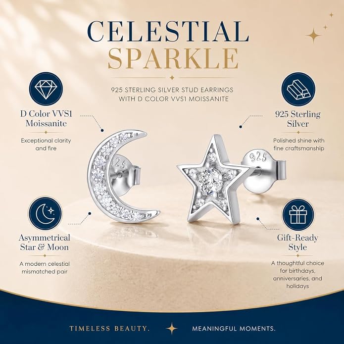 Asymmetrical Moissanite Stud Earrings for Women, Star and Moon Design, D Color VVS1 Clarity Moissanite, 925 Sterling Silver with 18K White Gold Plated, Fire Brilliance Hypoallergenic Jewelry Gift for Her