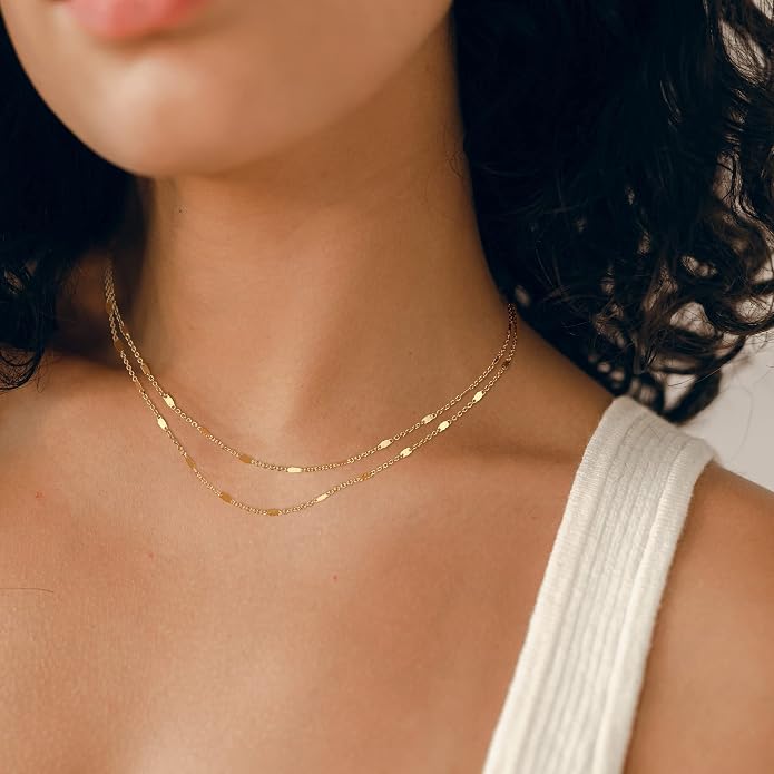 Tewiky Gold Chain Necklace for Women, 14k Gold Plated Thin Beaded Wave Box Necklace Dainty Simple Layered Choker Minimalist Link Chain Necklace Trendy Jewelry for Women