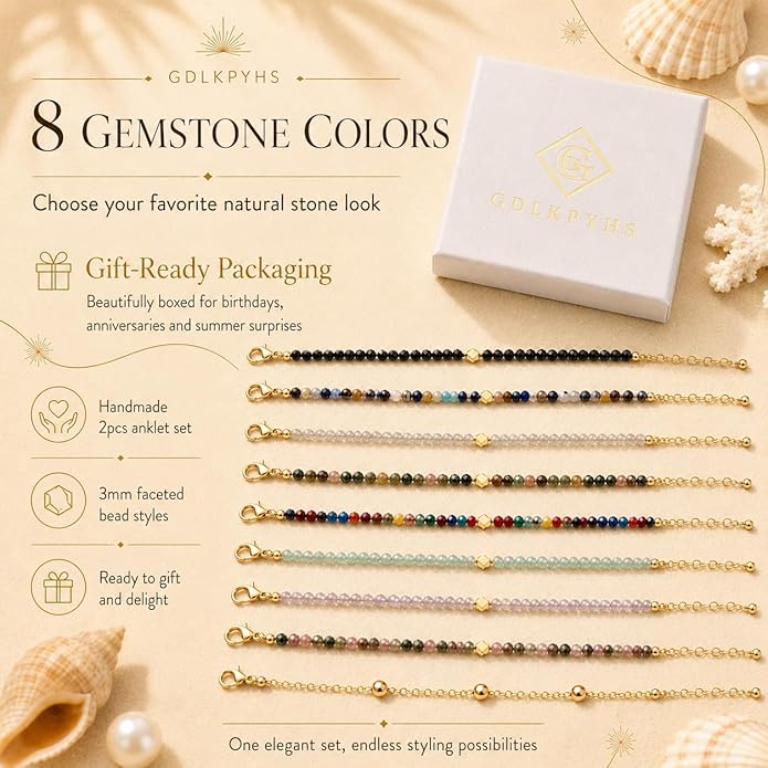 2Pcs Beaded Anklets for Women, Natural Stone Bead Ankle Bracelets with 14K Gold Plated Chain, Waterproof Adjustable Layered Anklet Set, Boho Beach Summer Jewelry Gift