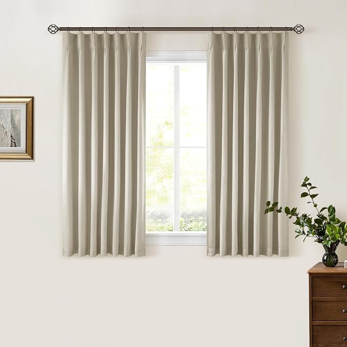 Burlywood Birch Pleated 100% Blackout Linen 45 Inch Curtains with Liner | Memory Trained Pinch Pleat, Thermal Insulated, Noise Reducing, Greyish Beige Black Out Curtains for Cafe Kitchen 2 Panels