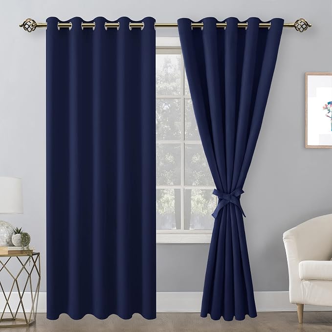 Hiasan Blackout Curtains for Bedroom, 60 x 84 Inches Long - Thermal Insulated & Light Blocking Window Curtains for Living Room, 2 Drape Panels Sewn with Tiebacks, Navy Blue