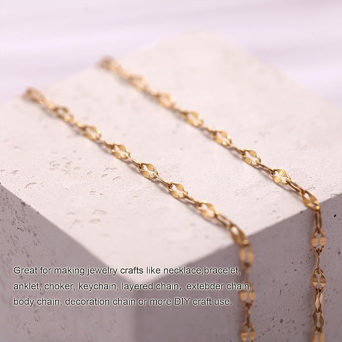 Kyutong 32.8 Feet Thin Stainless Steel Lip Chain Roll Gold Chain for Jewelry Making for Necklace Choker Bracelet DIY Jewelry Craft Supplies