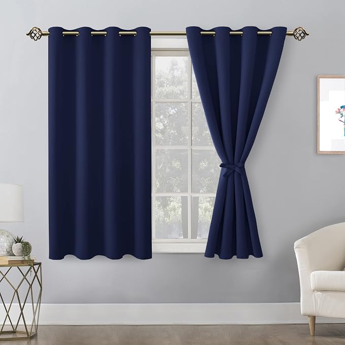 Hiasan Blackout Curtains for Bedroom - Thermal Insulated & Light Blocking Window Curtains for Living Room/Kids Room, 2 Drape Panels Sewn with Tiebacks, Navy Blue, 52 x 45 Inch