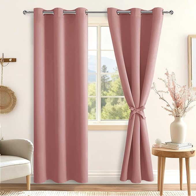 Hiasan Blackout Curtains for Bedroom, 38 x 84 Inches Long - Thermal Insulated & Energy Saving Window Curtains for Living Room, 2 Drape Panels Sewn with Tiebacks, Dusty Rose