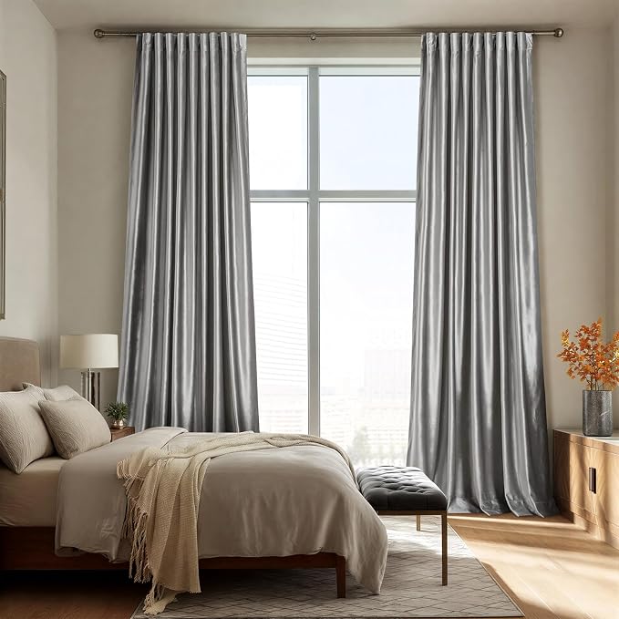 100% Full Blackout Silver Grey Velvet Curtains 96 inch Long for Living Room,Set of 2 Panels Liner Rod Pocket Back Tab Thermal Window Curtains Room Darkening Heavy Decorative Drapes for Bedroom