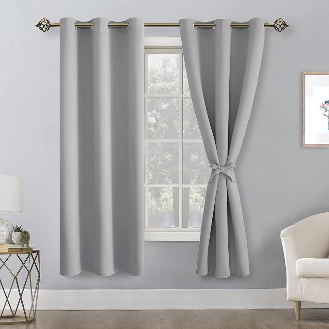 Hiasan Blackout Curtains for Bedroom, 42 x 63 Inches Length - Thermal Insulated & Light Blocking Window Curtains for Living Room, 2 Drape Panels Sewn with Tiebacks, Silver Grey