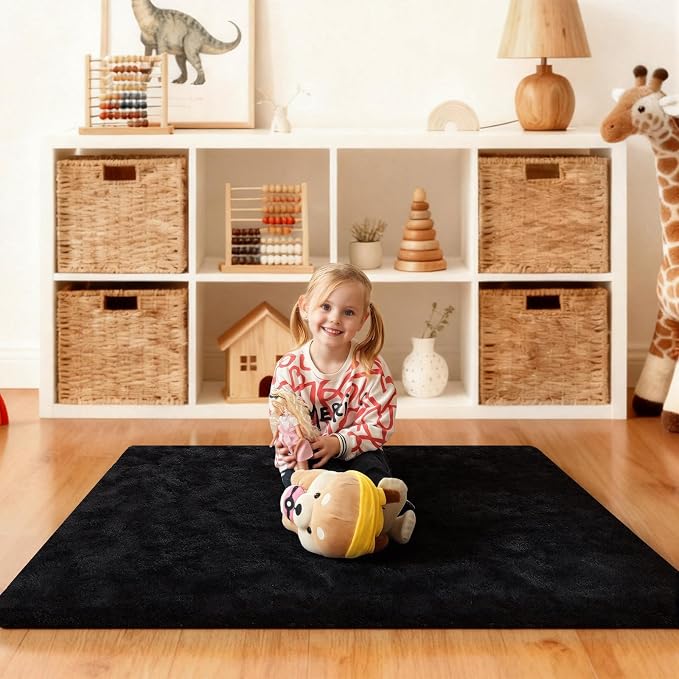 Black Rugs for Bedroom, 4x6 Fluffy Area Rugs for Living Room, Small Fuzzy Shag Soft Non-Slip Carpet for Kids Girls and Boys Nursery Dorm Indoor Room Home Decor (4ft X 6ft, Black)