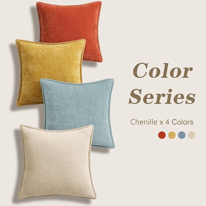decorUhome Fall Soft Decorative Chenille Throw Pillow Covers 16x16 Set of 4 | Rust Orange Decorative Modern Farmhouse Neutral Pillow Cases with Stitched Edge for Couch Sofa Bed Living Room Home Decor