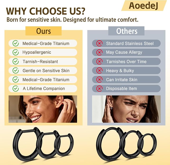 AOEDEJ G23 Titanium Black/Steel Gray/Gold Hoop Earrings 18G Small Huggie Hoop Earrings 8mm/10mm/12mm Cartilage for Sensitive Ears for Multiple Piercing Cartilage Hoop Earring Stack Jewelry