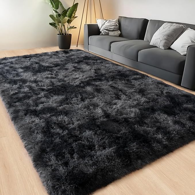 Large Area Rugs for Living Room Bedroom 5x7 Black Grey Shag Rugs | Ultra Soft Fluffy Shaggy Plush Fuzzy Modern Indoor Throw Floor Carpet for Kids Girls Boys Dorm Nursery Home Decor Aesthetic