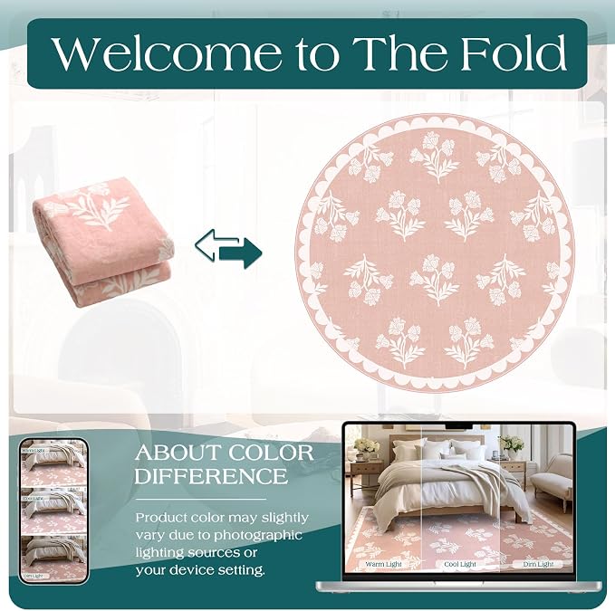 Pink Round Rugs 6ft - Soft Washable Boho Floral Bedroom Circle Rug Stain Resisantt Scalloped Dining Room Rugs for Under Round Table Vintage Area Rug for Living Room Nursery Kids Room