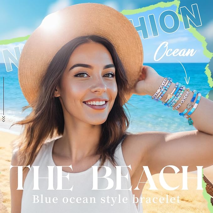 Landical 64 Pieces Summer Beach Bracelet Bulk Surfer Beaded Bracelets Stackable Clay shell Seashell Starfish Friendship Party Favor Pack Jewelry Outfits for Women Goody Bag Fillers