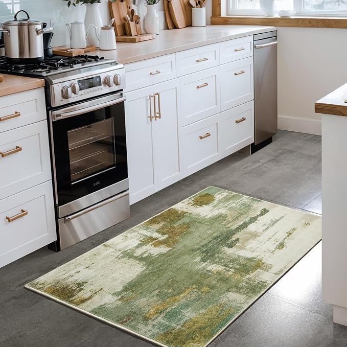 Entryway Rug 2x3 Green Rug, Washable Abstract Small Rugs Non-Slip Low Pile Throw Rugs for Kitchen Floor, Front Door, Bedroom Bedside