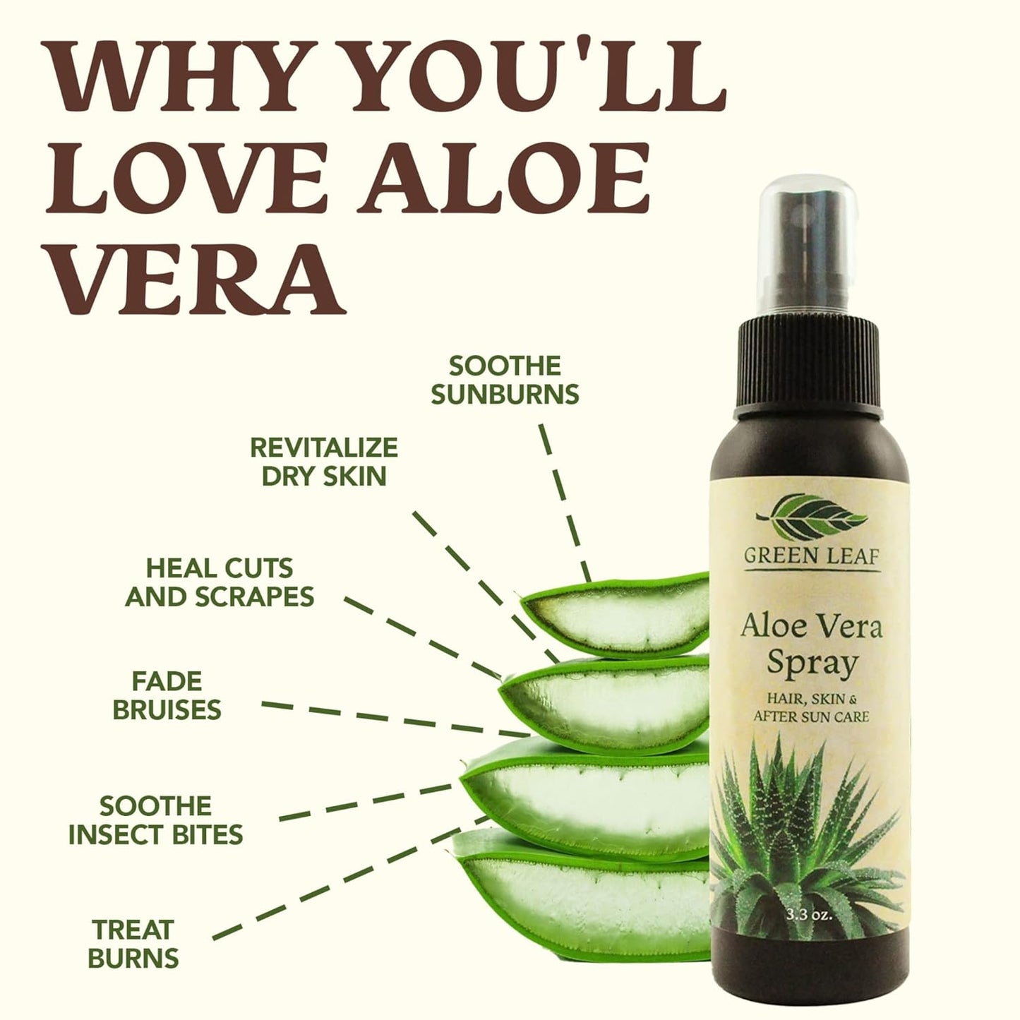 Green Leaf Naturals Aloe Vera Spray | 99% Cold-Pressed Aloe Vera Juice with Vitamin C, E & A | Hair, Skin, Facial Moisturizer, Sunburn Relief & After Sun Lotion 8oz