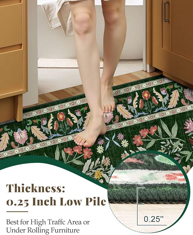 Lunasun Green Washable Floral 2x6 Runner Rug for Hallway- Stain Resistant Kitchen Runners, Botanical & Animal Indoor Floor Mat for Bathroom, Soft Non Slip with Rubber Backed