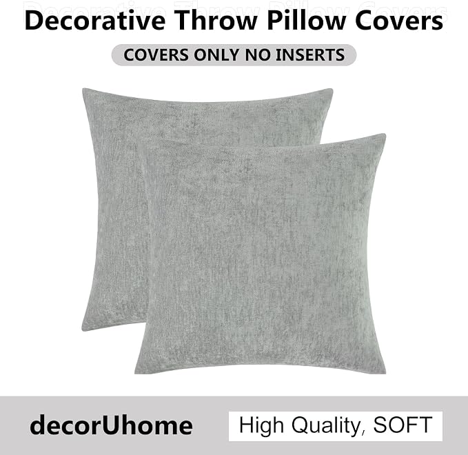 decorUhome Soft Chenille Grey Throw Pillow Covers 20X20 Set of 2 | Decorative Fall Couch Pillow Covers Solid Dyed Accent Modern Farmhouse Neutral Square Pillow Cases for Sofa