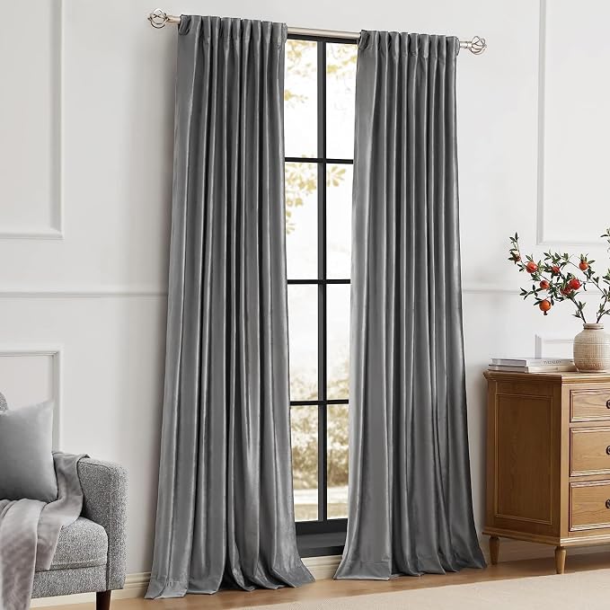 PRIMROSE Dark Grey Velvet Curtains 90 inch Long for Living Room,Set of 2 Panels Blackout Rod Pocket Back Tab Window Treatment Room Darkening Heavy Decorative Curtains Drapes for Bedroom