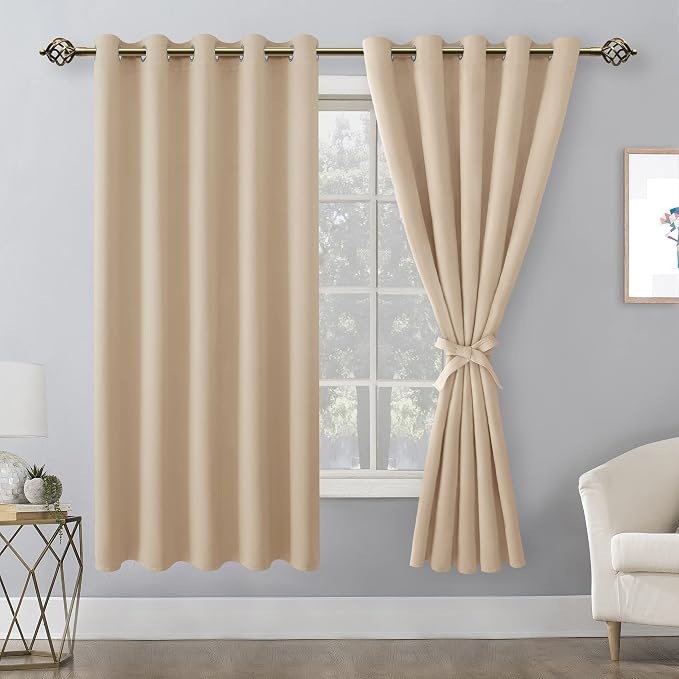 Hiasan Blackout Curtains for Bedroom, 60 x 63 Inches Length - Thermal Insulated & Energy Saving Window Curtains for Living Room, 2 Drape Panels Sewn with Tiebacks, Beige