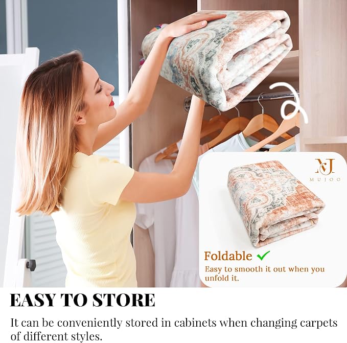 MUJOO 6x9 Area Rugs Washable Rug Non Slip Low-Pile Floral Large | Machine Washable Throw Carpet for Living Room Bedroom Dining Room Soft Indoor Vintage Abstract Flowers Orange Navy Blue