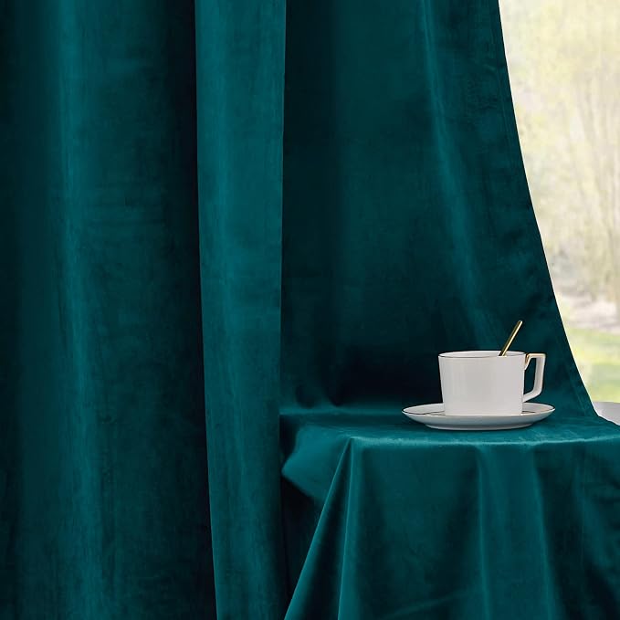 RYB HOME Teal Velvet Curtains 100 inches, Back Tab Soft Fabric Room Darkening Thermal Insulated Luxurious Home Decor Curtains for Living Room Bedroom, W 52" x L 100", 2 Panels Set