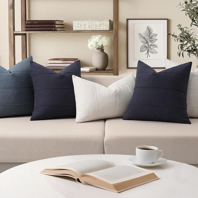 12x20 Pillow Covers Set of 2 Decorative Linen Lumbar Pillow Covers Solid handcrafted Striped Cushion Covers for Bed Soft Modern Farmhouse Neutral Pillowcase for Couch Bedroom Living Room (Dark Navy)
