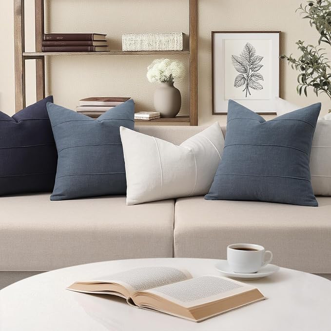 ZWJD Decorative Linen Throw Pillow Covers 20x20 Set of 2 Solid Handcrafted Striped Cushion Covers for Bed Soft Modern Farmhouse Neutral Pillowcase for Couch Bedroom Living Room Home Decor(Slate Blue)