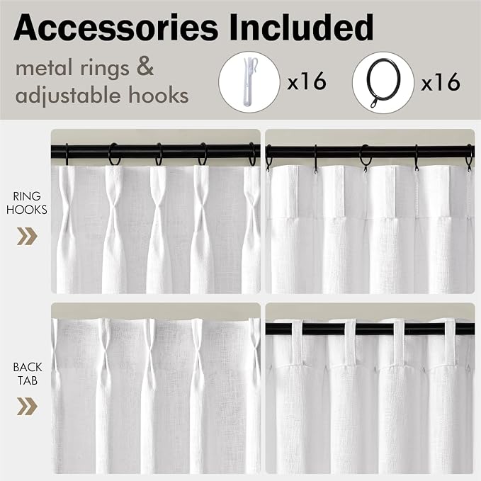 MIULEE Pinch Pleated White Thick Linen Curtains 102 Inches Long 2 Panels, Linen Texture Drapes for Living Room Bedroom, Pinch Pleat Memory Trained Back Tab Light Filtering Window Curtains with Hooks