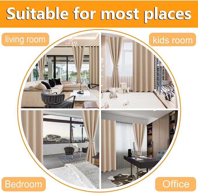 Hiasan RV Blackout Curtains for Bedroom, 52 x 30 Inches Long - Thermal Insulated & Energy Saving Window Curtains for Living Room, 2 Drape Panels Sewn with Tiebacks, Beige