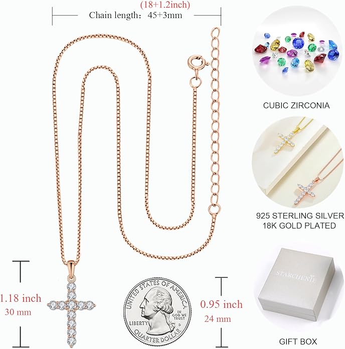 STARCHENIE Cross Necklace Sterling Silver Crucifix Pendant Gemstones Jewelry for Women