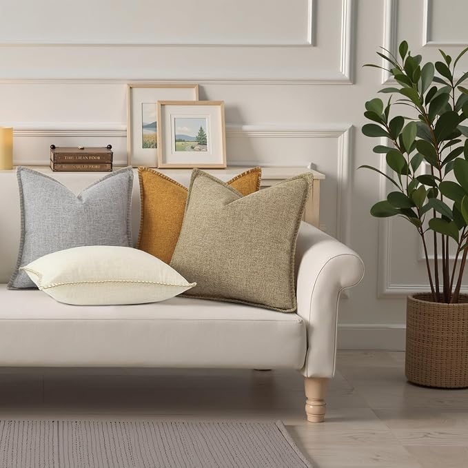 decorUhome Khaki Faux Linen Outdoor Throw Pillow Covers 16x16 Set of 2 | Fall Decorative Textured Neutral Modern Farmhouse Pillow Covers with Stitched Edge for Couch Sofa Bed Living Room