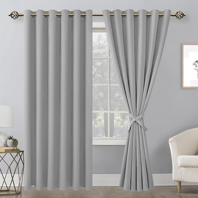 Hiasan Grommet Blackout Curtains for Bedroom, 70 x 84 Inches - Thermal Insulated & Light Blocking Window Drapes for Living Room/Dorm Room, Set of 2 Panels Sewn with Tiebacks, Silver Grey